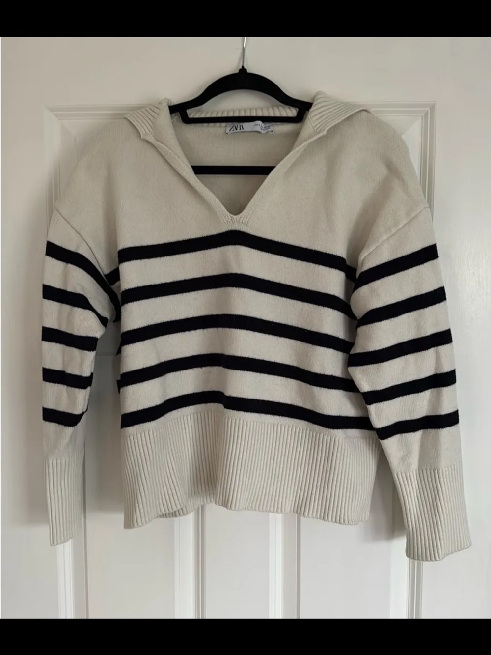Zara Cream Sweater with Black Stripes V-Neck